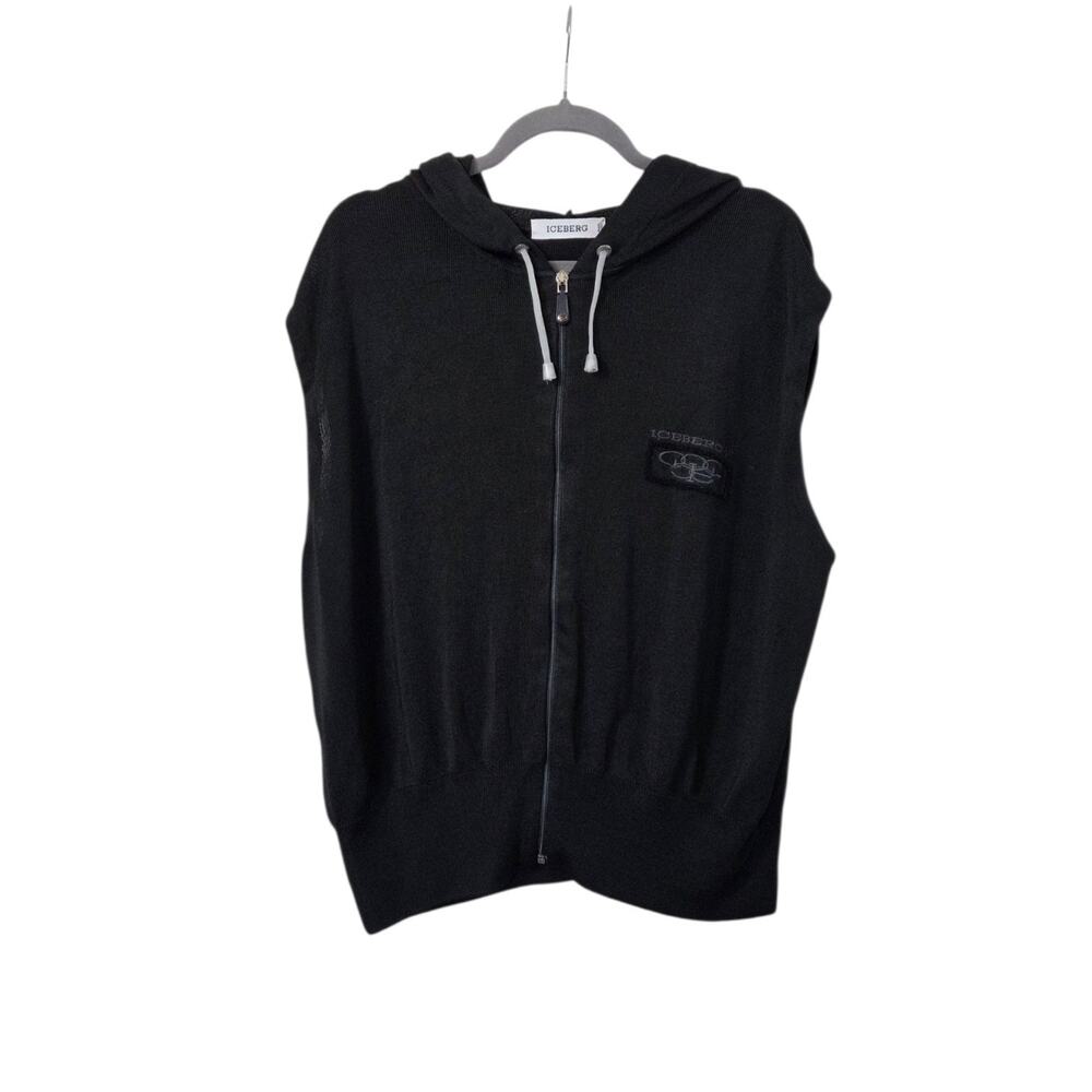 Vintage Iceberg Gilmar Black Hooded Sleeveless Full Zip Logo Knit Top, Men's XXL